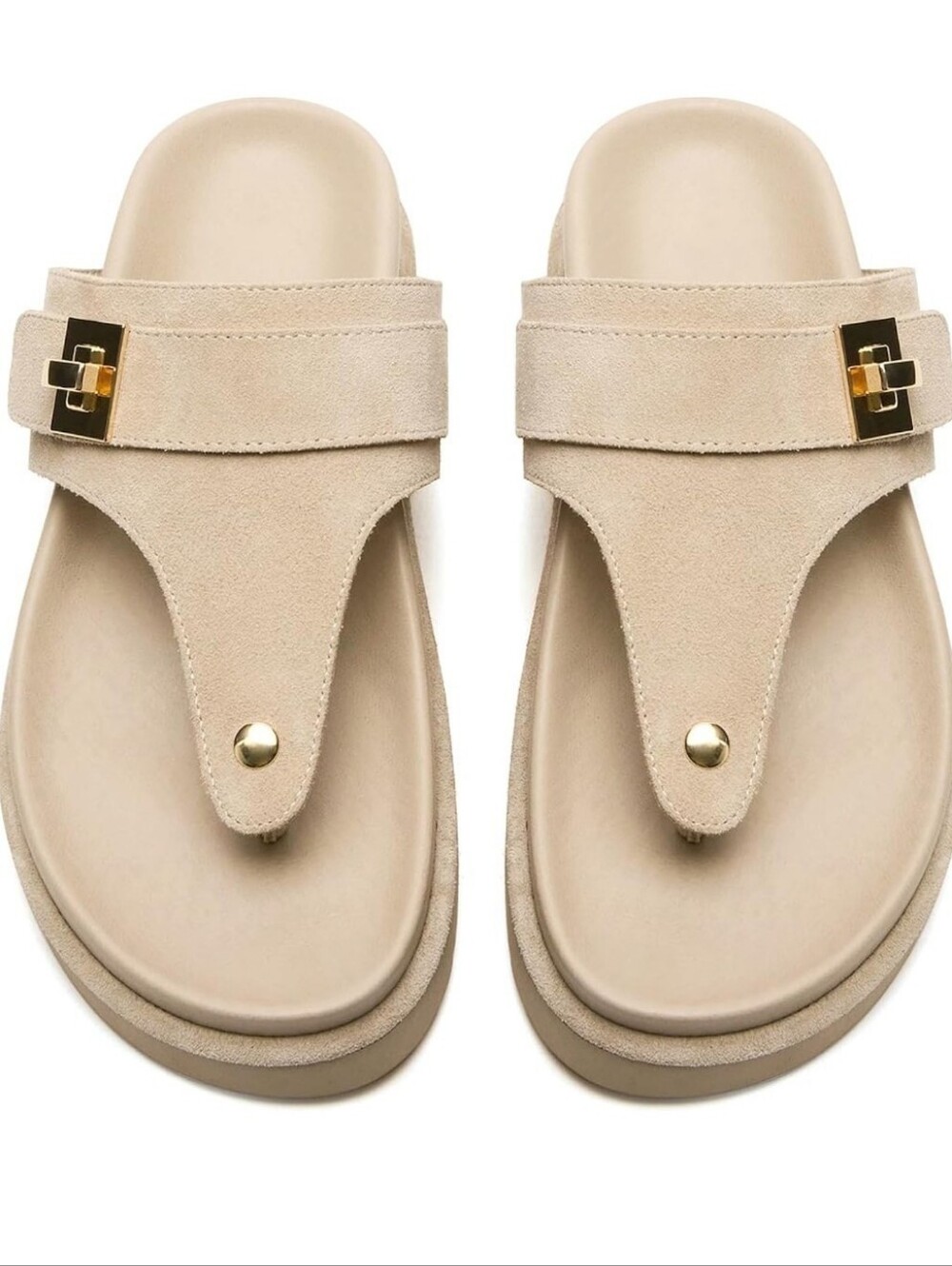 Beige Suede Slide Sandals With Gold Studs